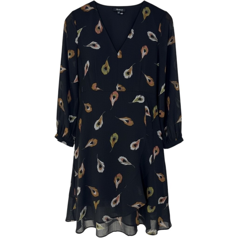 Madewell Silk Feather Print V-Neck Faux Wrap Mini Dress Black Size 2 G8742